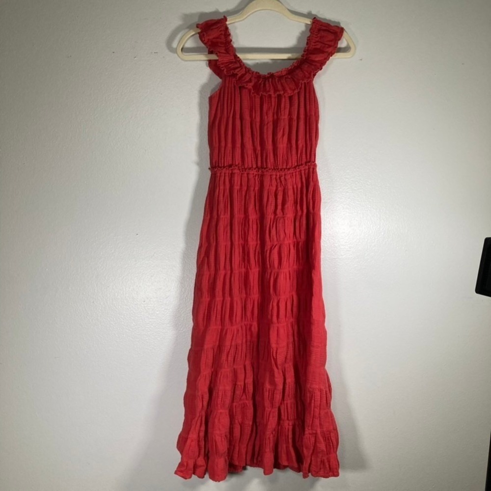 Max Studio Red Textured Gauze Ruffle Midi Dress Smocked Waist Womens Small